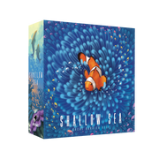 Shallow Sea - Board game box with vibrant blue sea anemone design and a bright orange clownfish at the center.