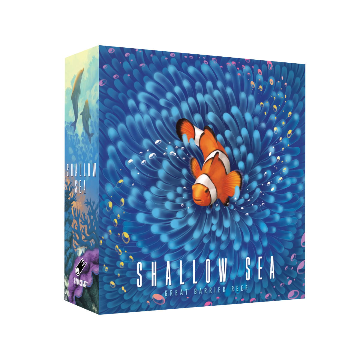 Shallow Sea - Board game box with vibrant blue sea anemone design and a bright orange clownfish at the center.