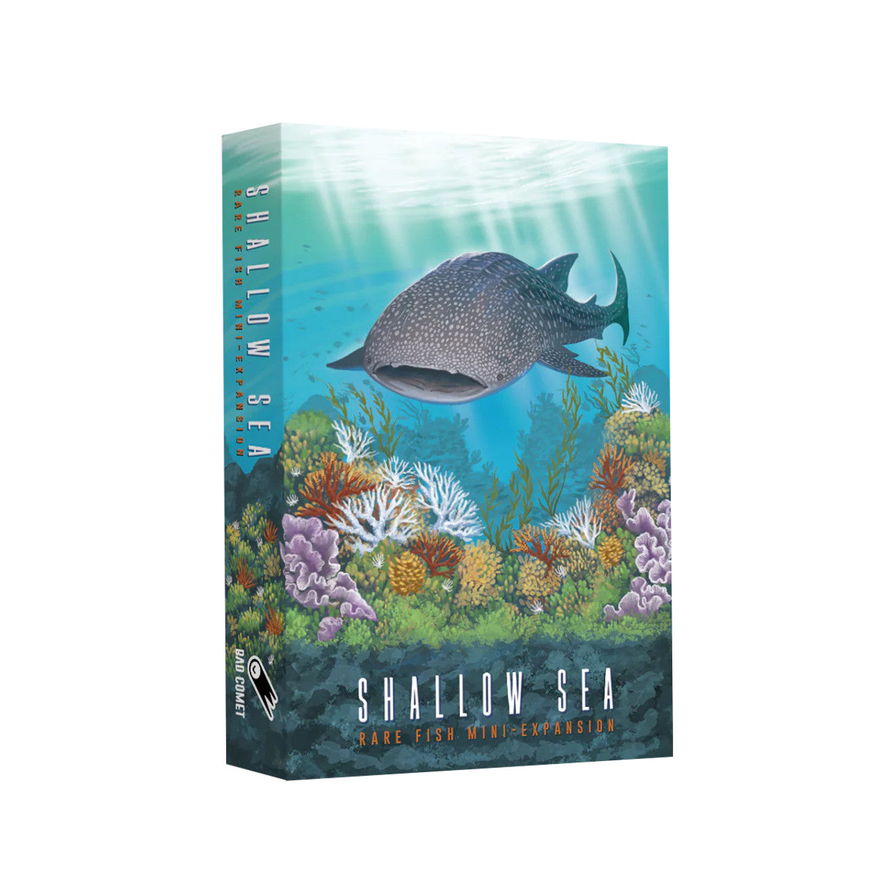 Shallow Sea: Rare Fish Mini-Expansion - Blue and green board game box featuring a large rare fish swimming over colorful coral reefs with sunlight filtering through
