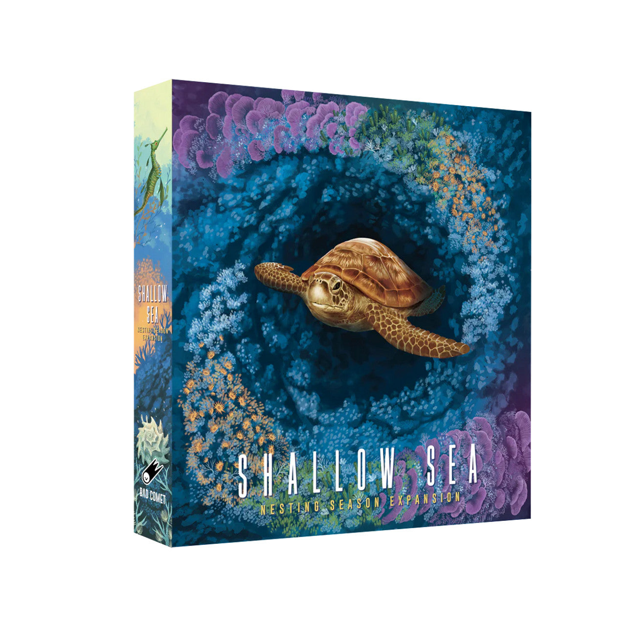 Shallow Sea: Nesting Season Expansion - Board game box with underwater artwork featuring a sea turtle swimming above colorful coral reef detailing.