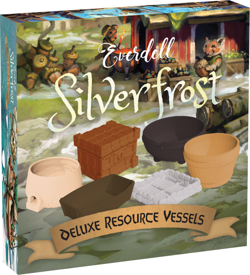 Everdell: Silverfrost Deluxe Resource Vessels (PREORDER) - Box cover of Everdell Silverfrost expansion featuring clay and stone vessel miniatures in beige, brown, and gray tones.