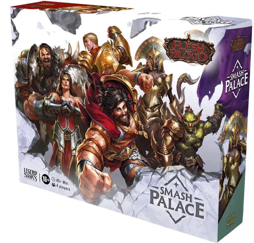 Flesh and Blood: Smash Palace Box Set - Rectangular game box with vibrant fantasy characters in action poses, predominantly white with purple and gold accents,.
