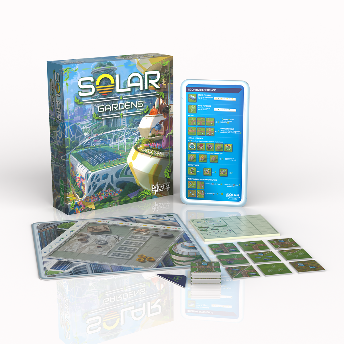 Solar Gardens - Solar Gardens board game box with colorful garden art, rulebook, cards, and blue game board with icons and text.