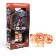 D&D Adventure Dice: Sorcerer (Orange) - Orange translucent polyhedral dice set with white numbers, featuring a d20 with a sorcerer graphic, packaged in a black and.