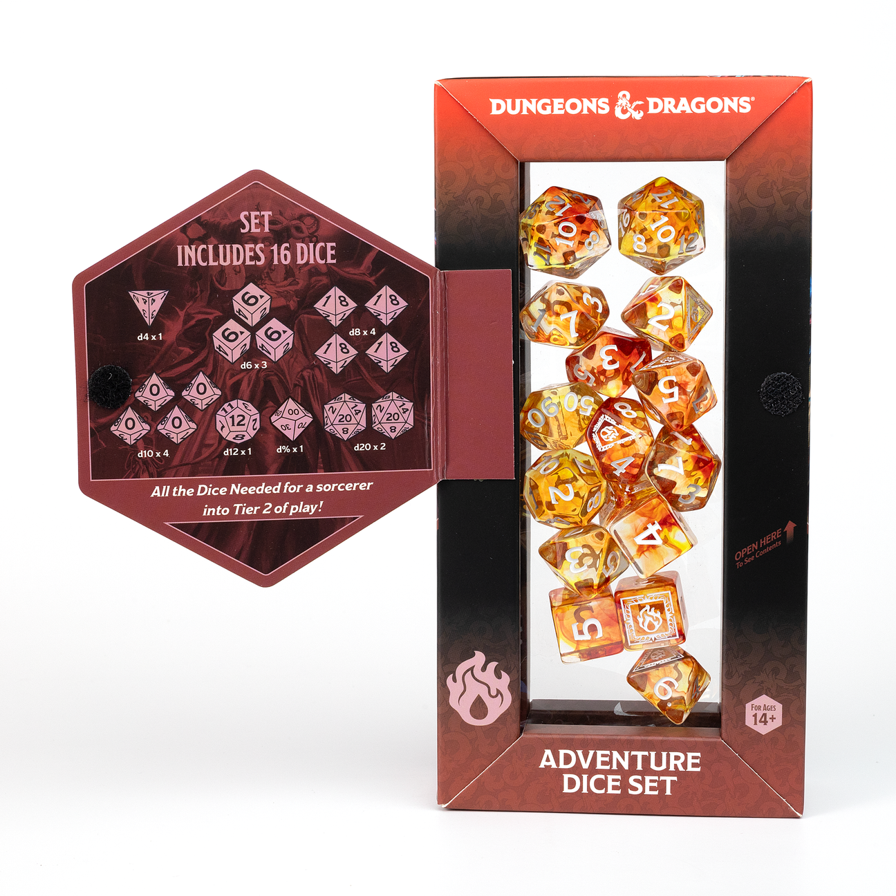 D&D Adventure Dice: Sorcerer (Orange) - Set of 16 translucent orange D&D dice with white numbering in hexagonal package and red-black box packaging.