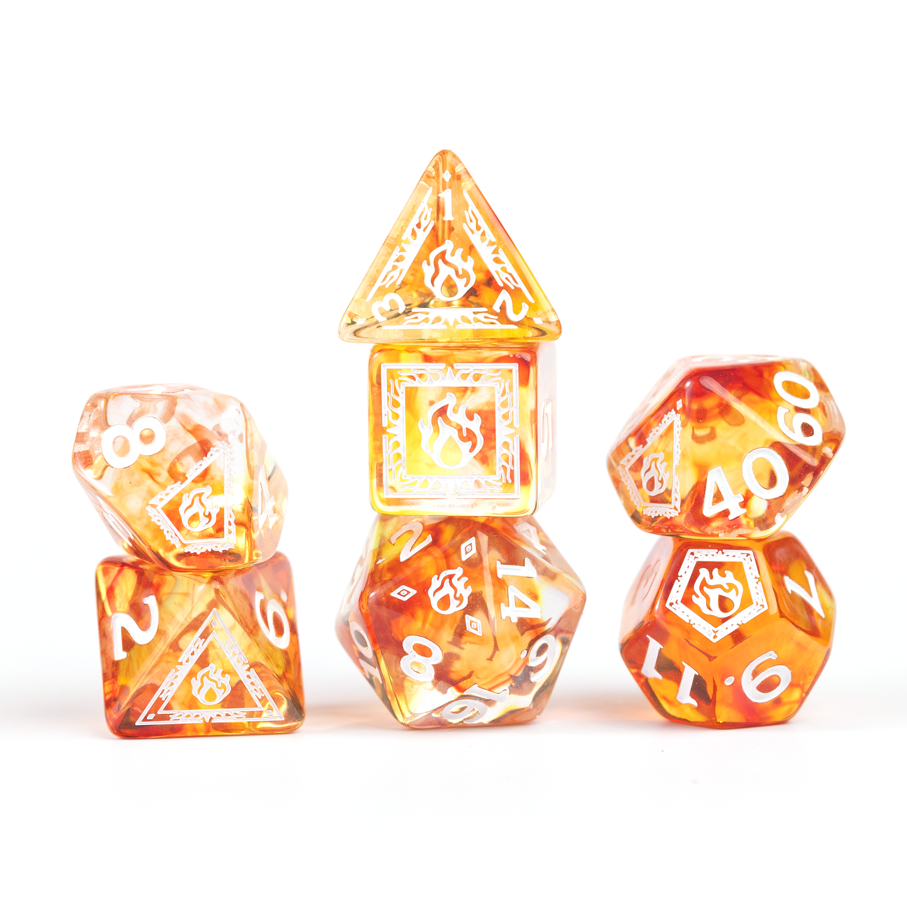 D&D Adventure Dice: Sorcerer (Orange) - Set of seven translucent orange polyhedral dice with white numbers and magical flame symbols for tabletop RPGs.