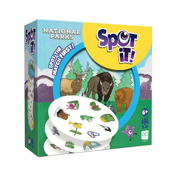 Spot it: National Parks (PREORDER) - Colorful Spot It! National Parks card game box featuring illustrated animals and nature motifs with overlapping circular.