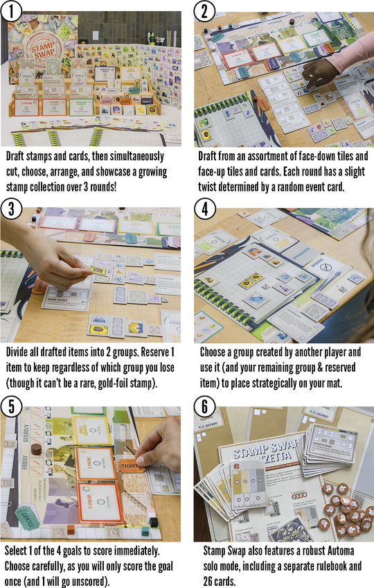 Stamp Swap - Colorful board game setup with a map-themed board, cards, tokens, and paper money, designed for family play.