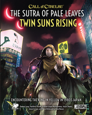 Call of Cthulhu, 7e: Sutra of Pale Leaves- Carcosa Manifest - Dark hooded figure with glowing eyes stands in front of neon-lit 1980s urban buildings and signs.