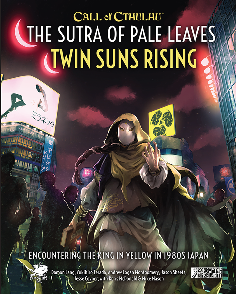 Call of Cthulhu, 7e: Sutra of Pale Leaves- Carcosa Manifest - Dark hooded figure with glowing eyes stands in front of neon-lit 1980s urban buildings and signs.