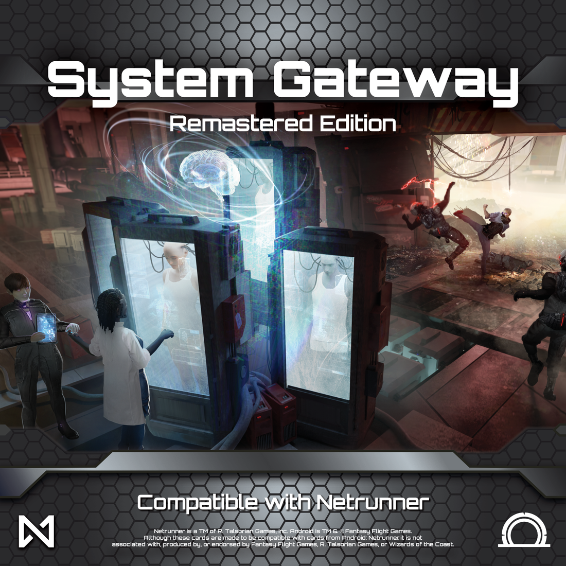 Netrunner: System Gateway Remastered Edition - Netrunner System Gateway Remastered Edition card game box with futuristic sci-fi portal and digital figures design in blue.