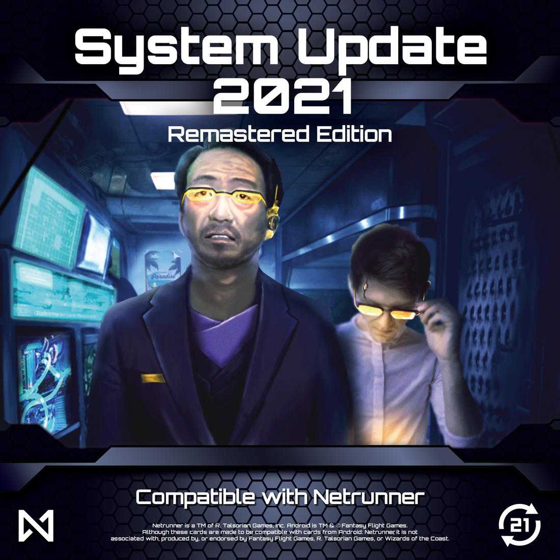 Netrunner: System Update 2021 Remastered Edition - Futuristic digital art of two people with glowing yellow glasses in a dark room with computer screens, text "System Update.