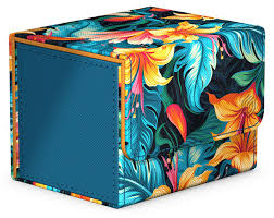 Ultimate Guard Sidewinder 100+ Deck Box - Floral Places II - Rectangular deck box with colorful tropical floral pattern in blue, orange, yellow, and green tones and solid blue closure.