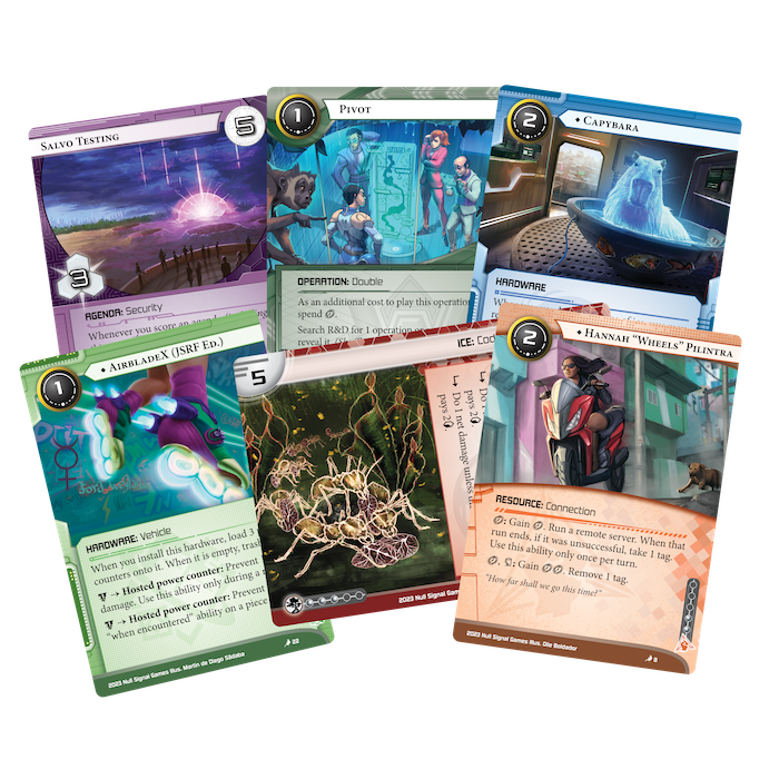 Netrunner: Liberation: The Automata Initiative - Five Netrunner card game cards with colorful sci-fi and cyberpunk artwork, showing character and technological themes.