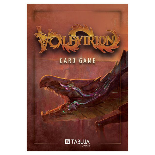 Volfyirion - Volfyirion card game box with fiery dragon design and golden embossed title on a dark red background.