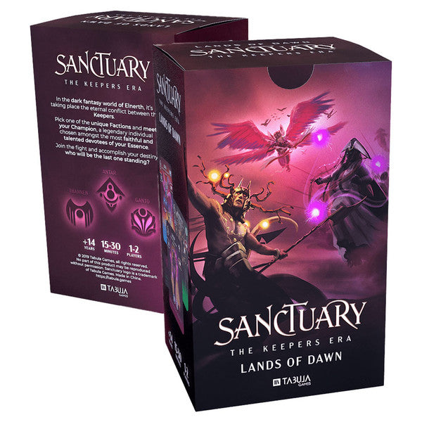 Sanctuary: Lands of Dawn - The Keeper's Era – Lands of Dawn, featuring mystical symbols and a purple-black color scheme.