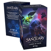 Sanctuary: Lands of Dusk - Lands of Dusk board game box with dark fantasy artwork featuring glowing warriors and mystical symbols on black and blue.