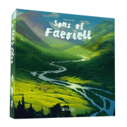 Sons of Faeriell - Board game box with vibrant green valley and winding river landscape art, titled Sons of Faeriell.
