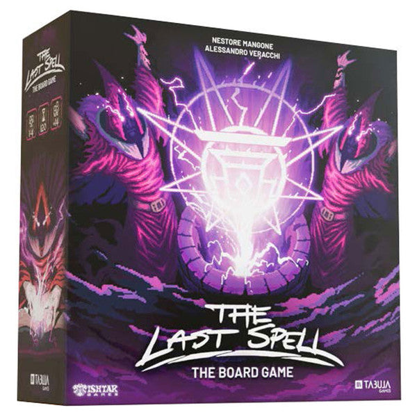 The Last Spell: The Board Game - Dark-themed board game box with glowing purple magical symbols and shadowy clawed creatures surrounding a bright mystical.