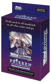 Weiss Schwarz: Frieren: Beyond Journey's End Trial Deck Display - Purple-themed Weiss Schwarz trading card game trial deck box featuring anime character with silver hair and cloak, starry.