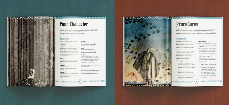 Against the Wind - Opened RPG book "Against the Wind" showing detailed character creation rules and atmospheric fantasy artwork with muted.