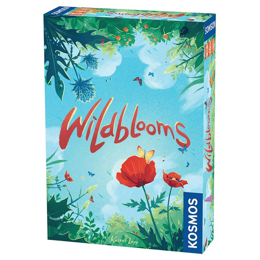 Wildblooms (PREORDER) - Colorful game box featuring red poppy flowers and green foliage against a blue sky background with white clouds, titled.