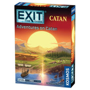 EXIT: Adventures on Catan - The Game Adventures on Catan board game box with sunset landscape, boat, and mountains illustration.