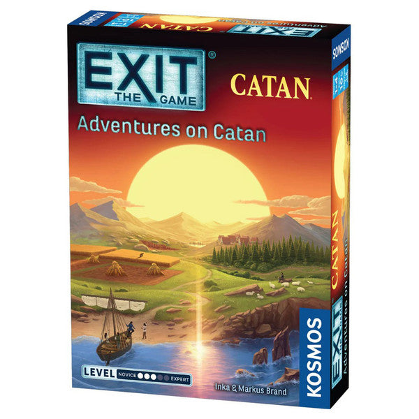 EXIT: Adventures on Catan - The Game Adventures on Catan board game box with sunset landscape, boat, and mountains illustration.