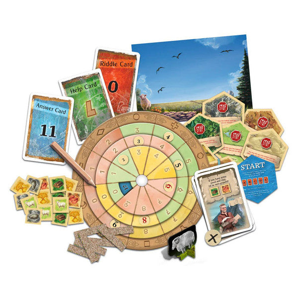 EXIT: Adventures on Catan - Adventures on Catan board game featuring a circular puzzle board, illustrated cards, hexagonal resource tokens, and small.