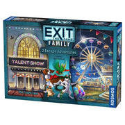 EXIT Family: 2 Escape Adventures: The Trophy Case/Night at the Carnival (PREORDER) - EXIT Family board game box featuring two escape adventures, colorful carnival and talent show illustrations, vibrant blue.