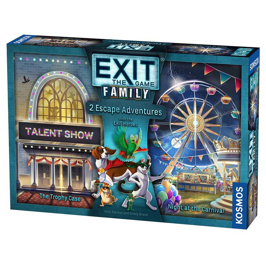 EXIT Family: 2 Escape Adventures: The Trophy Case/Night at the Carnival (PREORDER) - EXIT Family board game box featuring two escape adventures, colorful carnival and talent show illustrations, vibrant blue.