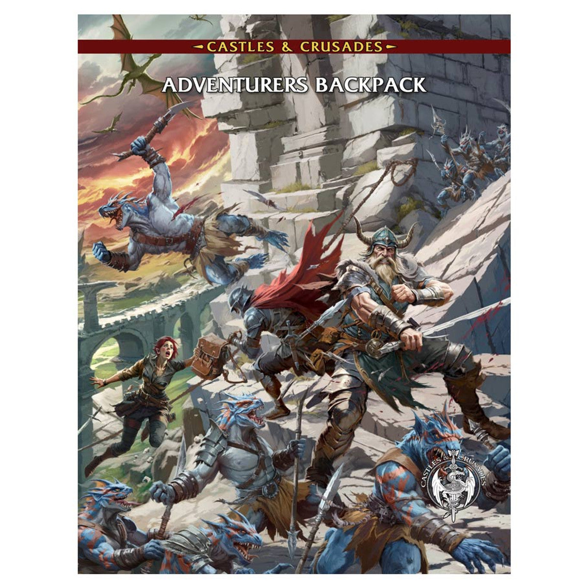 Castles & Crusades: Adventurers Backpack - Book cover with fantasy battle scene featuring armored warriors and a castle, titled Castles & Crusades Adventurers Backpack.