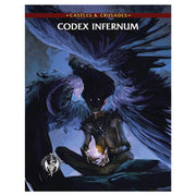 Castles & Crusades: Codex Infernum - Dark fantasy book cover featuring a winged figure with glowing eyes holding a flaming orb against a stormy blue and black.