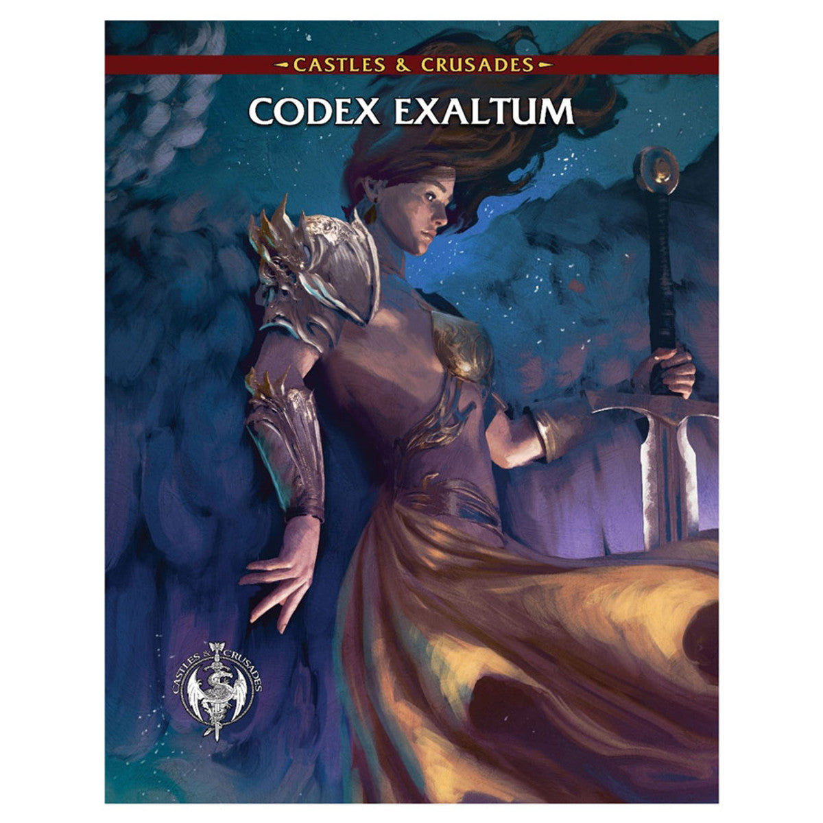 Castles & Crusades: Codex Exaltum - Fantasy-themed book cover featuring a warrior woman in ornate armor holding a sword against a dark, mystical background.