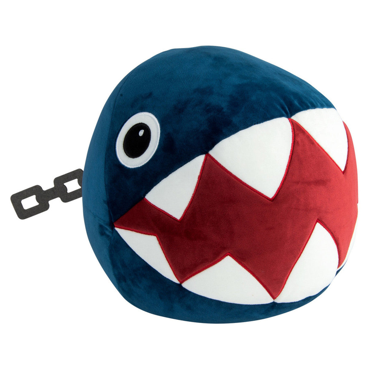 Club Mocchi Mocchi: Nintendo Chain Chomp Mega Plush - Plush Chain Chomp toy with soft dark blue body, large red mouth, sharp white teeth, round black and white eye, and black.
