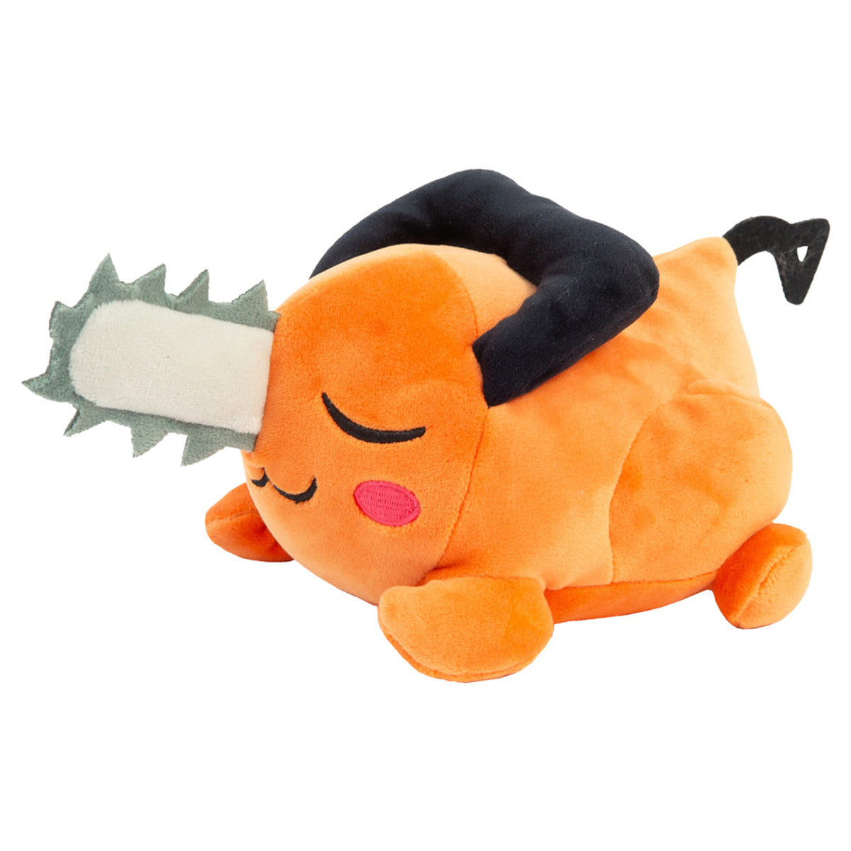 Chainsaw Man: Pochita Plush (PREORDER) - Orange plush shaped like a sleeping chainsaw with black handle, pink cheeks, and silver saw blade teeth.