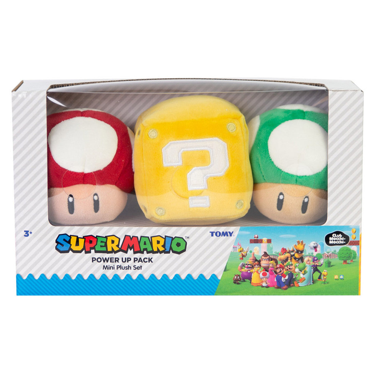 Club Mocchi Mocchi: Nintendo Super Mario Power up Pack Plushies (PREORDER) - Set of three plush toys featuring a red mushroom, yellow question block, and green mushroom from Nintendo Super Mario, soft.