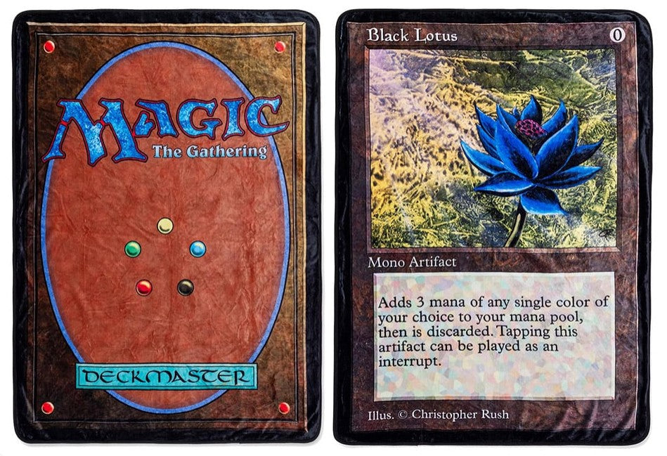 Magic: the Gathering Blanket - Black Lotus 2 Sided - The Gathering card design, one side with colorful card back and the other with detailed Black Lotus card art in blue and.