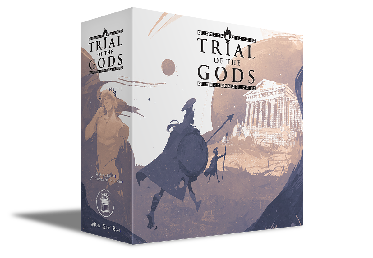 Trial of the Gods (PREORDER) - Trial of the Gods strategy card game box with ancient Greek warrior and temple artwork in muted beige and purple tones.