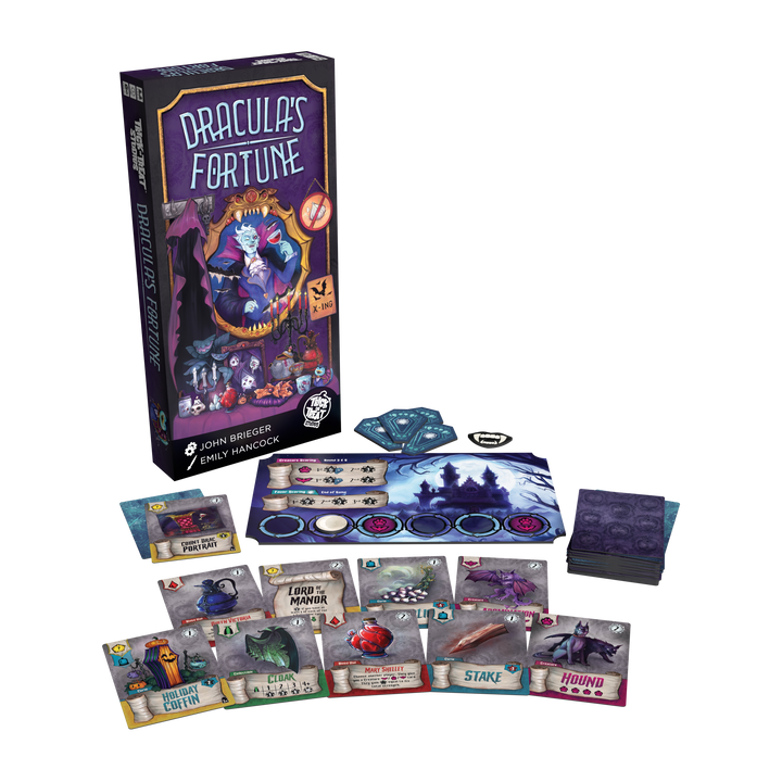 Dracula's Fortune (PREORDER) - Dracula's Fortune board game with purple-themed box, vampire and treasure chest artwork, circular blue game board, colorful.