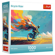 Puzzle: Bicycle Rider 1000 Piece - 1000-piece puzzle box featuring colorful abstract art of a cyclist riding a bike against a vibrant sky background.