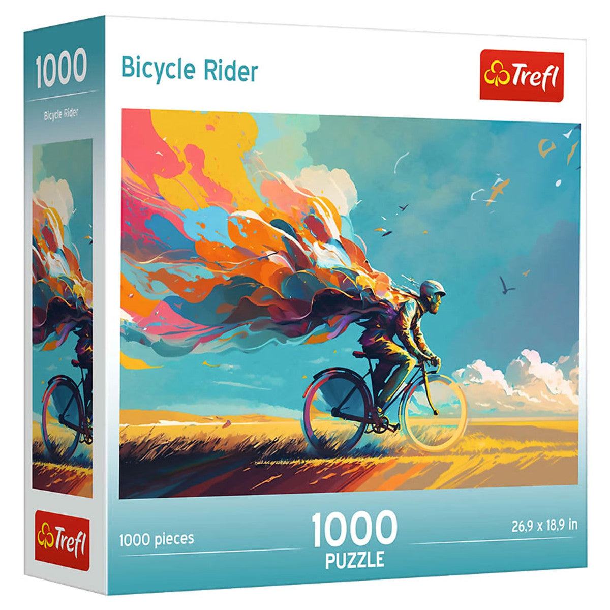 Puzzle: Bicycle Rider 1000 Piece - 1000-piece puzzle box featuring colorful abstract art of a cyclist riding a bike against a vibrant sky background.