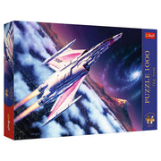 Puzzle: Tea Time: Flight Into Space 1000 Piece - Rectangular puzzle box featuring a colorful space scene with a sleek white and red spaceship flying through clouds and a.