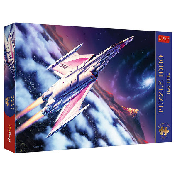 Puzzle: Tea Time: Flight Into Space 1000 Piece - Rectangular puzzle box featuring a colorful space scene with a sleek white and red spaceship flying through clouds and a.