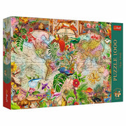 Puzzle: Tea Time: Antique World Map 1000 Piece - 1000-piece jigsaw puzzle featuring an antique world map with colorful tropical animals and flowers.