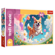 Puzzle: Human's Best Friend 160 Piece - Colorful 160-piece puzzle box featuring a joyful corgi dog jumping with balloons against a bright sky background.