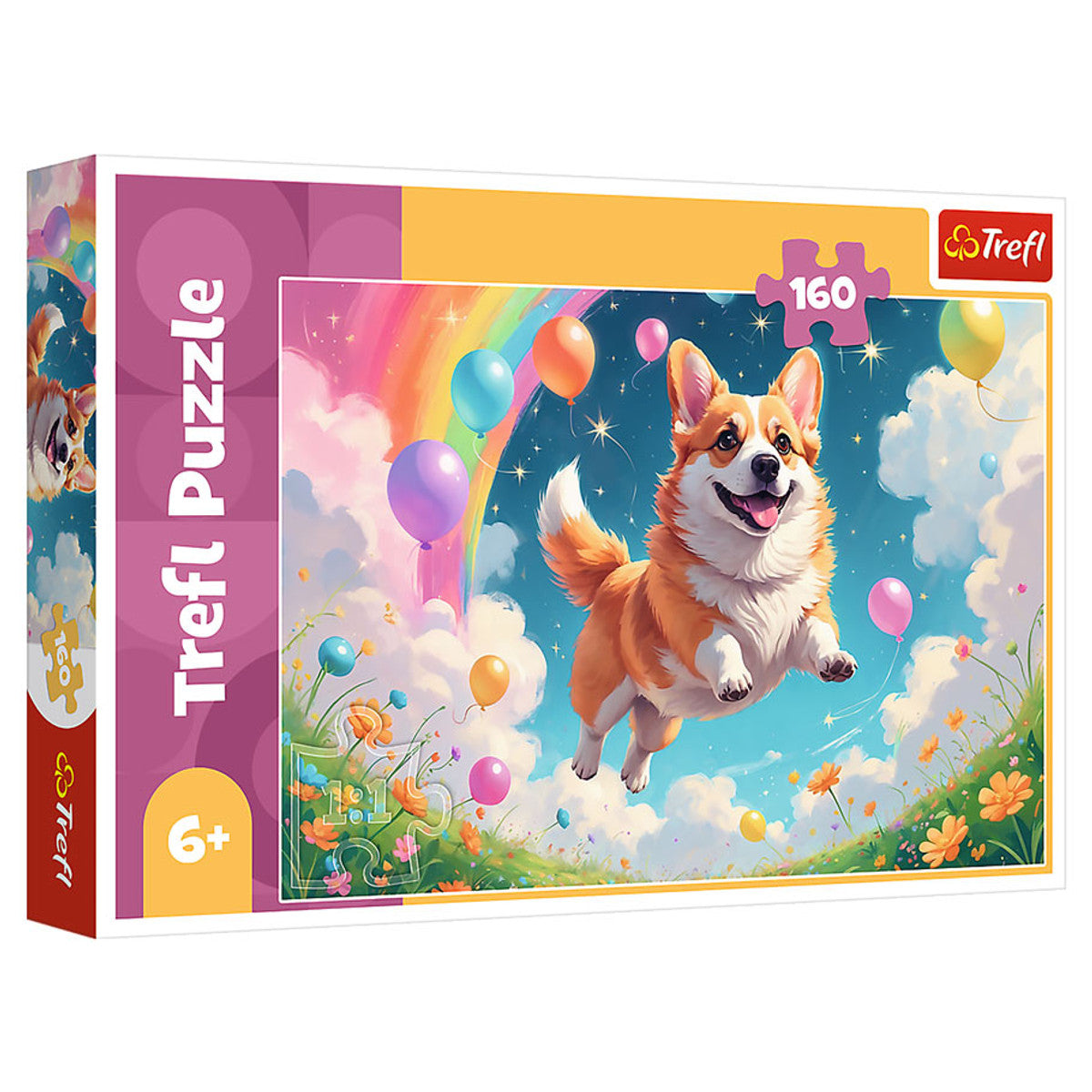 Puzzle: Human's Best Friend 160 Piece - Colorful 160-piece puzzle box featuring a joyful corgi dog jumping with balloons against a bright sky background.