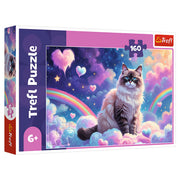 Puzzle: House Cat 160 Piece - Colorful 160-piece puzzle featuring a fluffy house cat with blue eyes surrounded by rainbows and heart-shaped clouds on a.