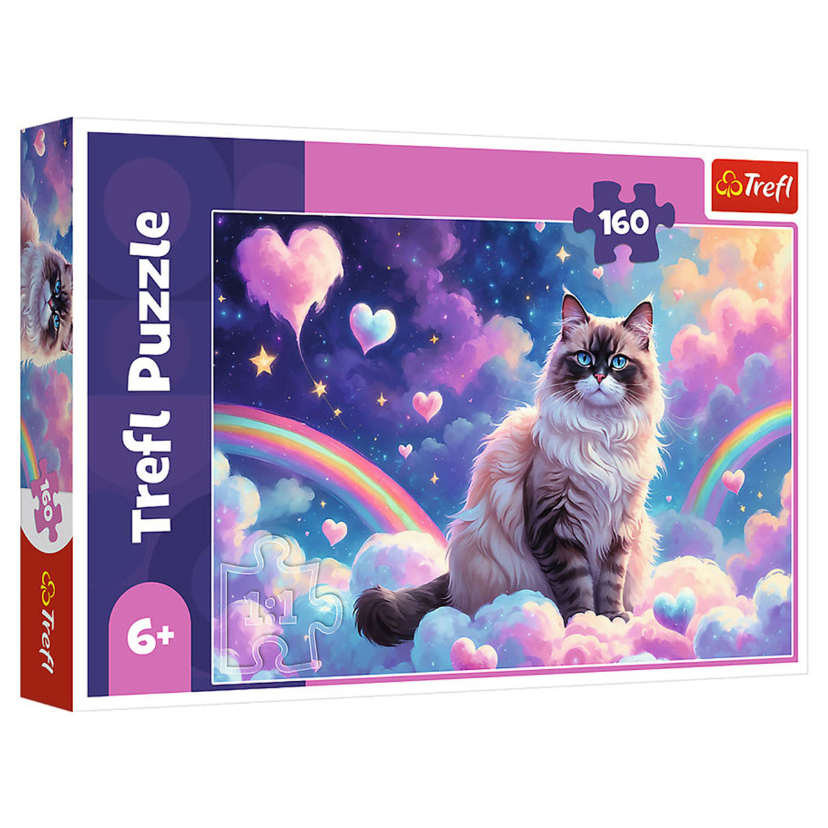 Puzzle: House Cat 160 Piece - Colorful 160-piece puzzle featuring a fluffy house cat with blue eyes surrounded by rainbows and heart-shaped clouds on a.