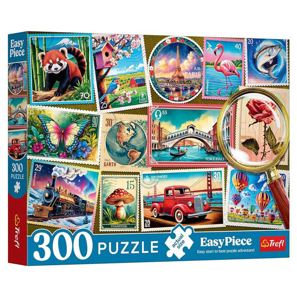 Puzzle: Postage Stamps 300 Piece - Colorful postage stamp collage featuring animals, landmarks, and nature in a 300-piece puzzle box.